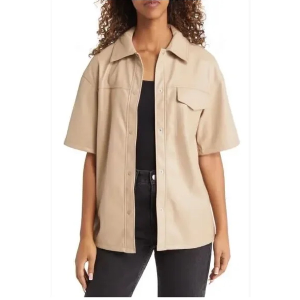 Topshop Short Sleeve Faux Leather Oversized Button-Up Shirt/Size 12
